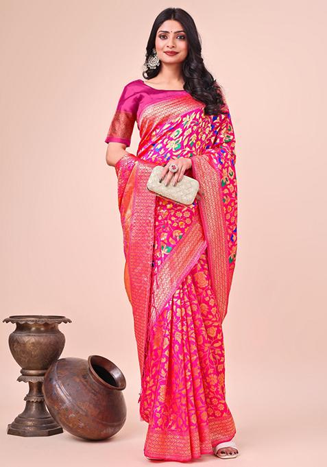 Pink Embroidered Silk Saree Set