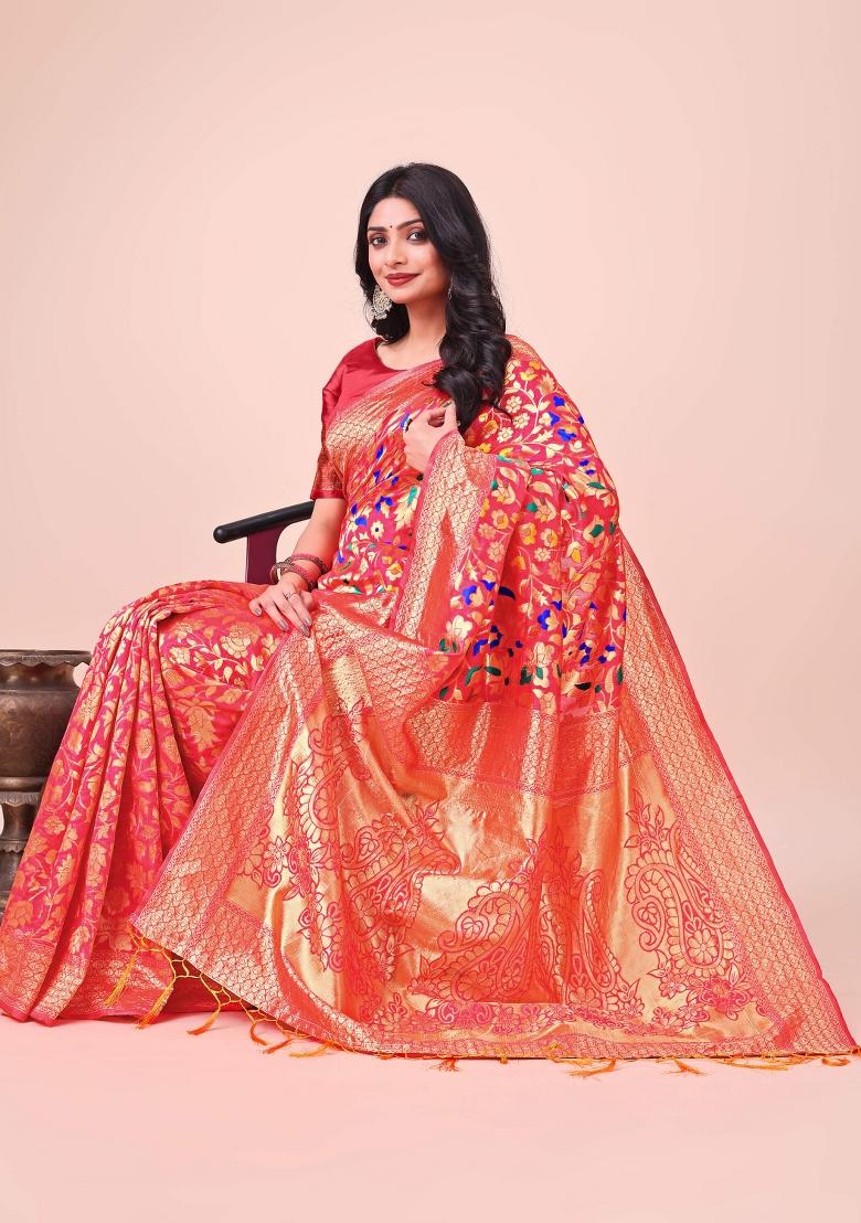 Maroon Embroidered Silk Saree  Set