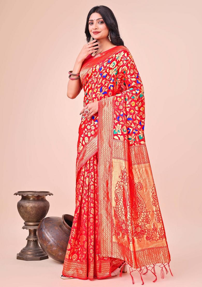 Red Embroidered Silk Saree  Set
