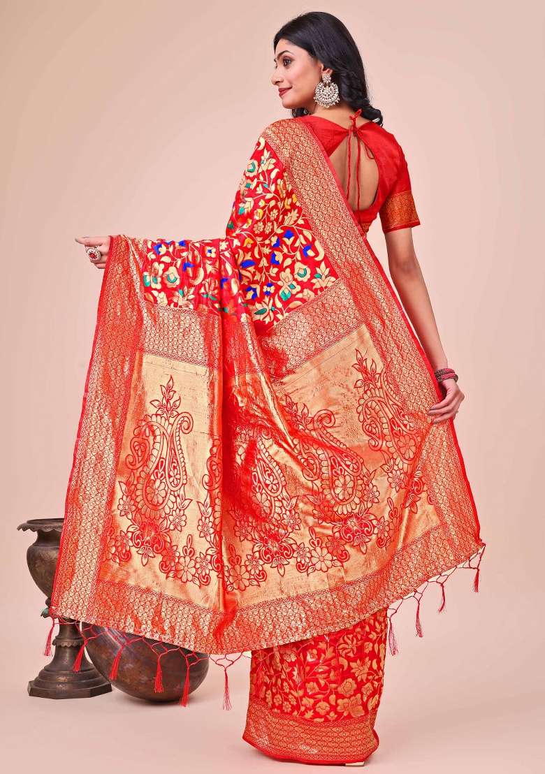 Red Embroidered Silk Saree  Set - Indya