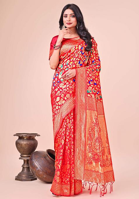 Red Embroidered Silk Saree  Set