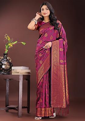 Purple Embroidered Silk Saree  Set