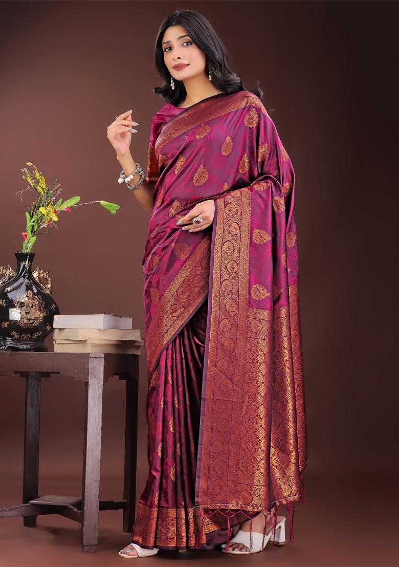 Purple Embroidered Silk Saree  Set