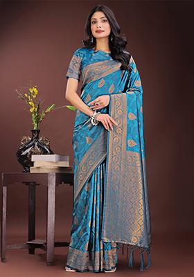 Teal Blue Embroidered Silk Saree  Set