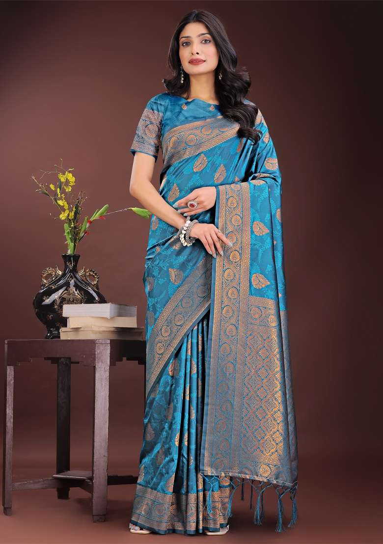 Teal Blue Embroidered Silk Saree  Set - Indya