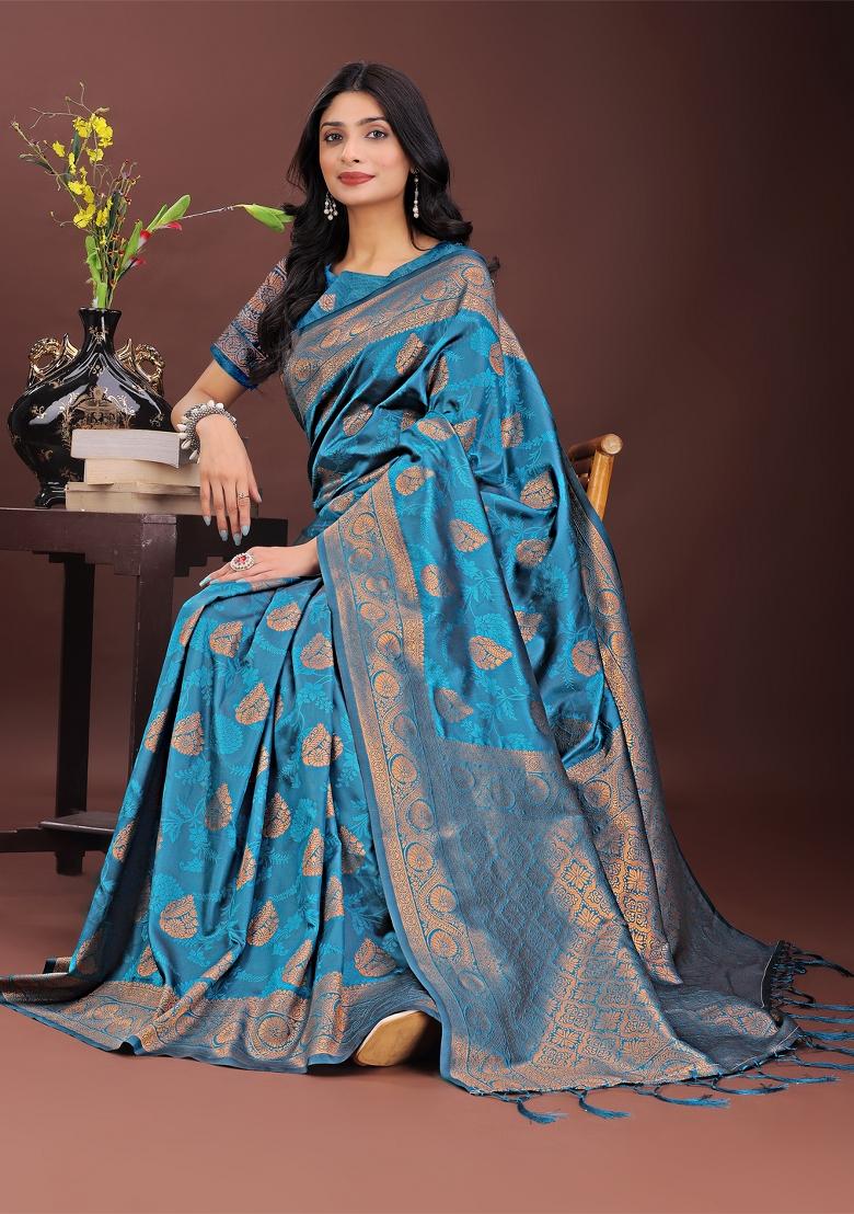 Teal Blue Embroidered Silk Saree  Set