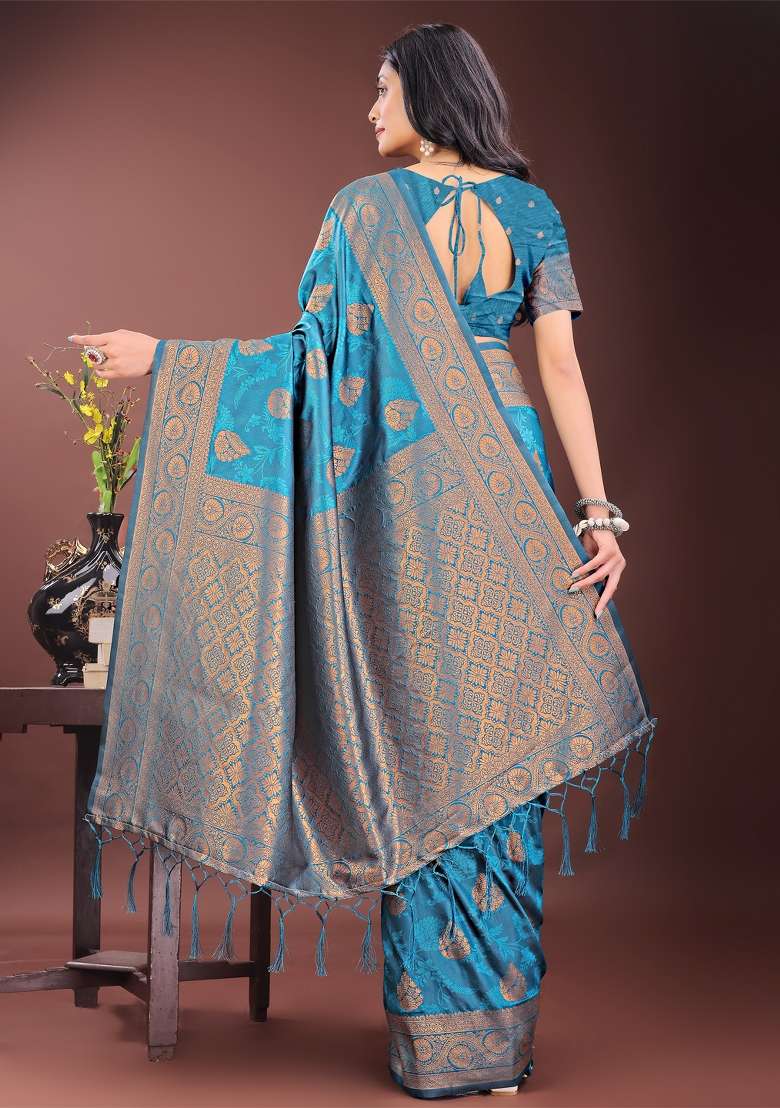 Teal Blue Embroidered Silk Saree  Set - Indya