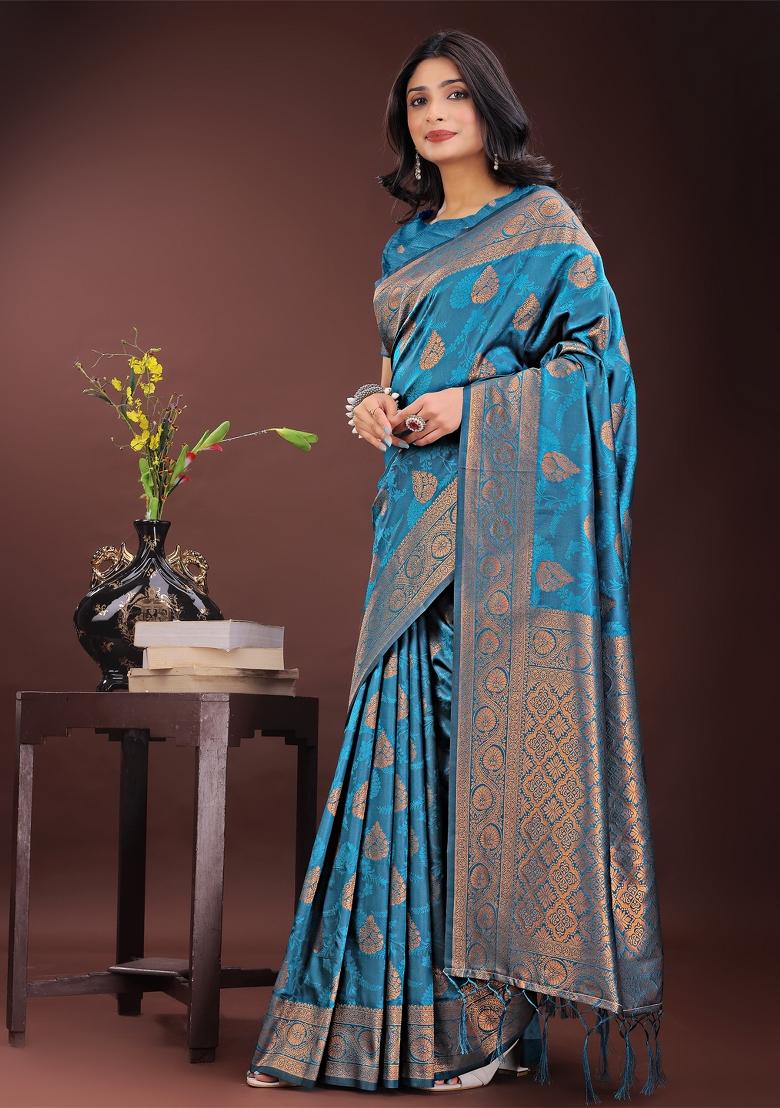 Teal Blue Embroidered Silk Saree  Set