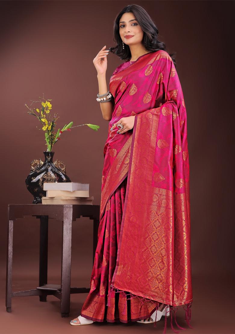 Magenta Embroidered Silk Saree  Set