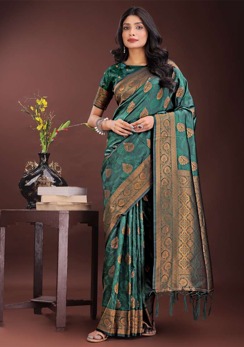 Dark Green Embroidered Silk Saree  Set - Indya