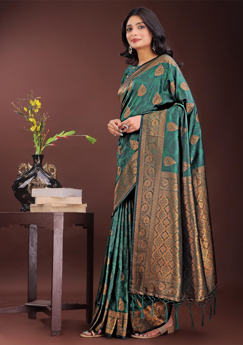 Dark Green Embroidered Silk Saree  Set