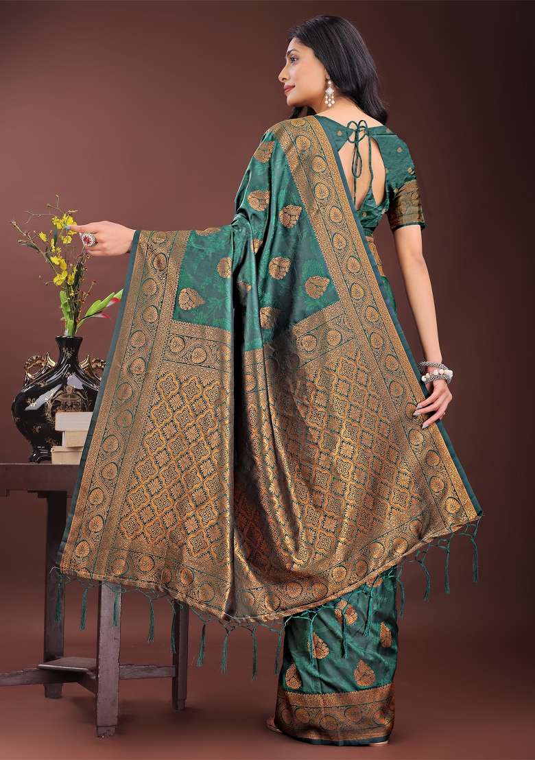 Dark Green Embroidered Silk Saree  Set - Indya