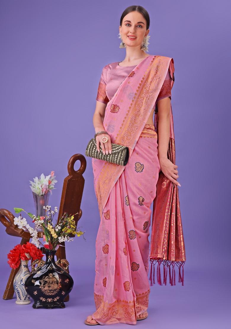 Light Pink Embroidered Linen Cotton Saree  Set