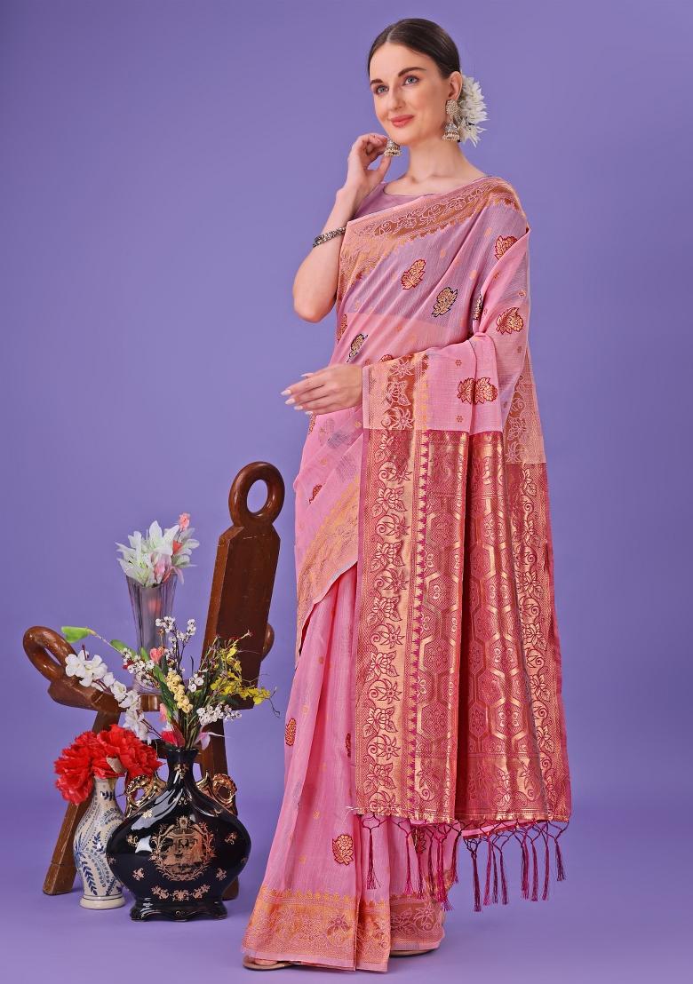 Light Pink Embroidered Linen Cotton Saree  Set