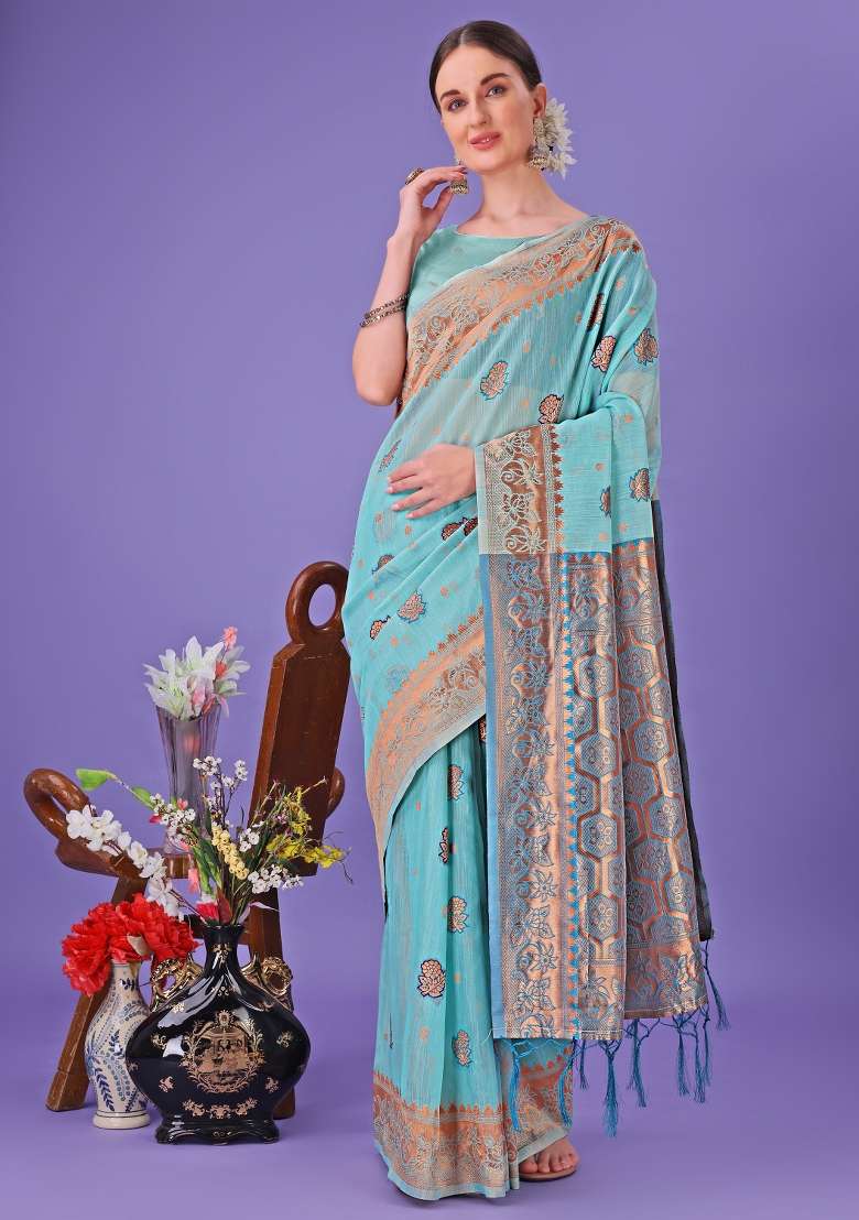 Sea Green Embroidered Linen Cotton Saree  Set - Indya