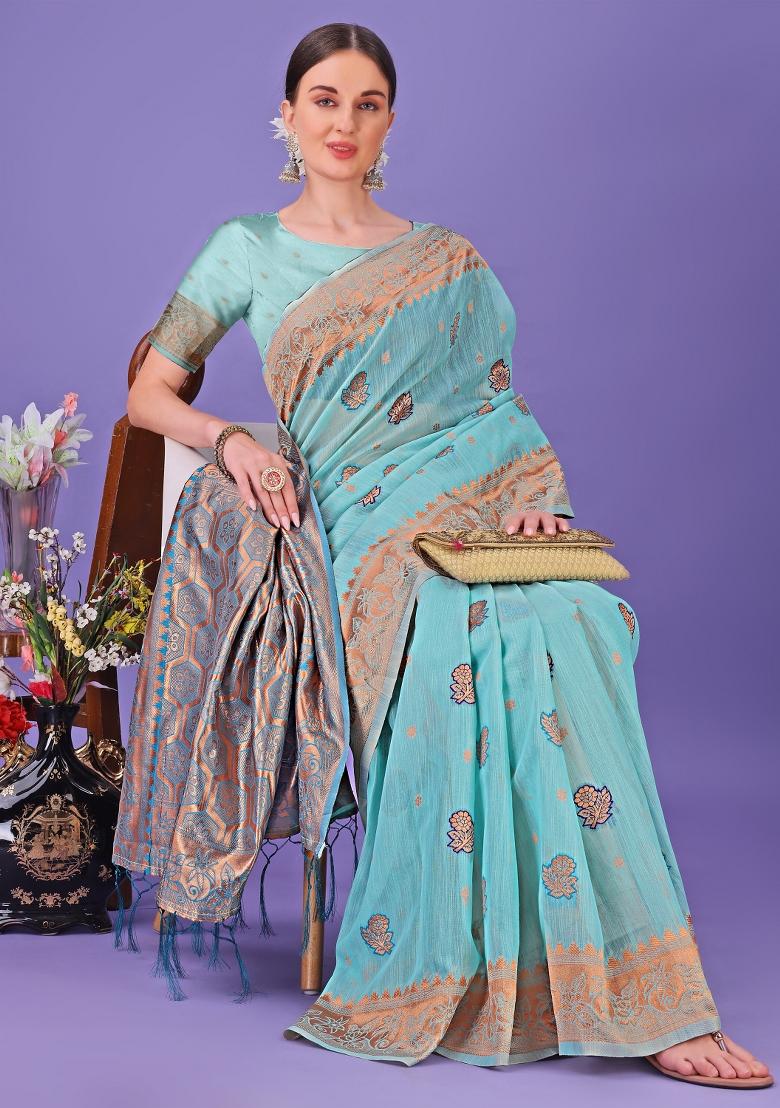 Sea Green Embroidered Linen Cotton Saree  Set