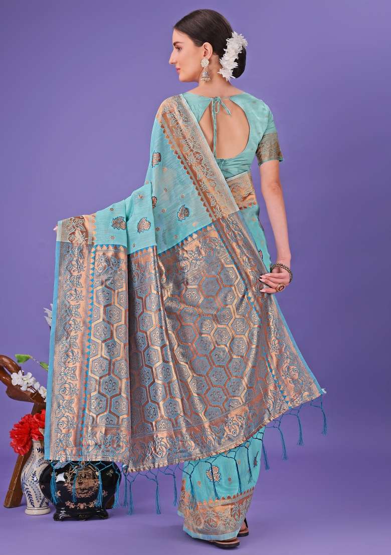 Sea Green Embroidered Linen Cotton Saree  Set - Indya