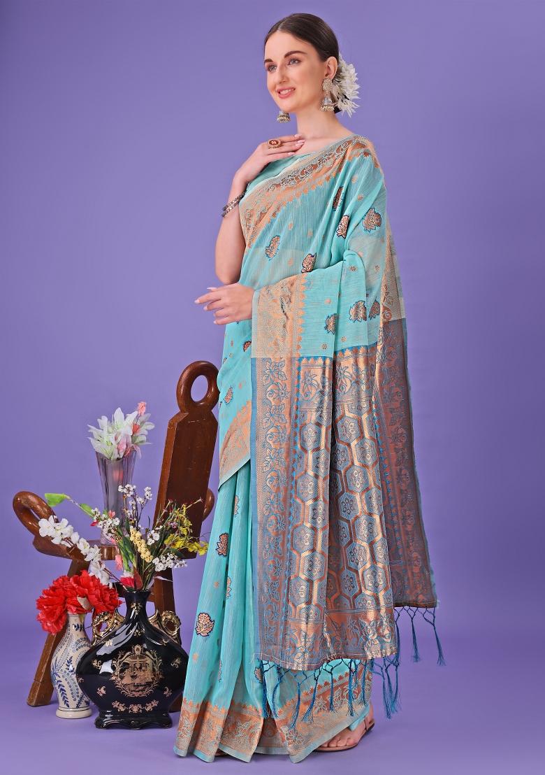 Sea Green Embroidered Linen Cotton Saree  Set