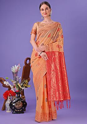 Orange Embroidered Linen Cotton Saree  Set