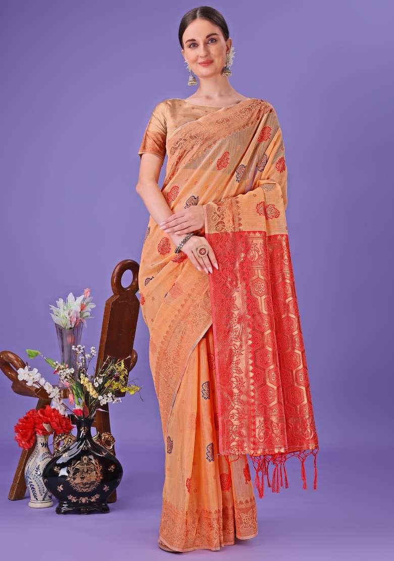 Orange Embroidered Linen Cotton Saree  Set - Indya