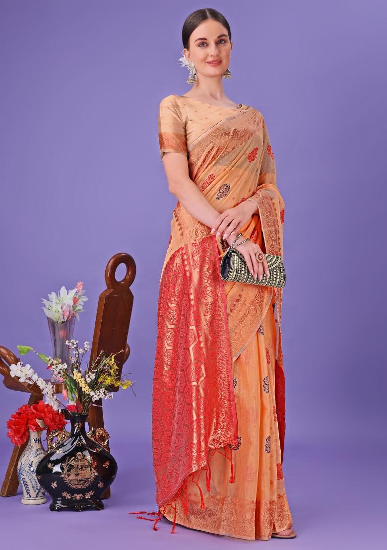 Orange Embroidered Linen Cotton Saree  Set