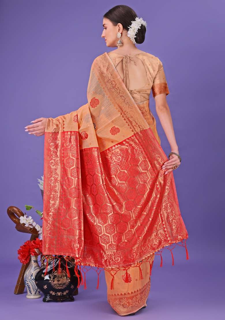 Orange Embroidered Linen Cotton Saree  Set - Indya