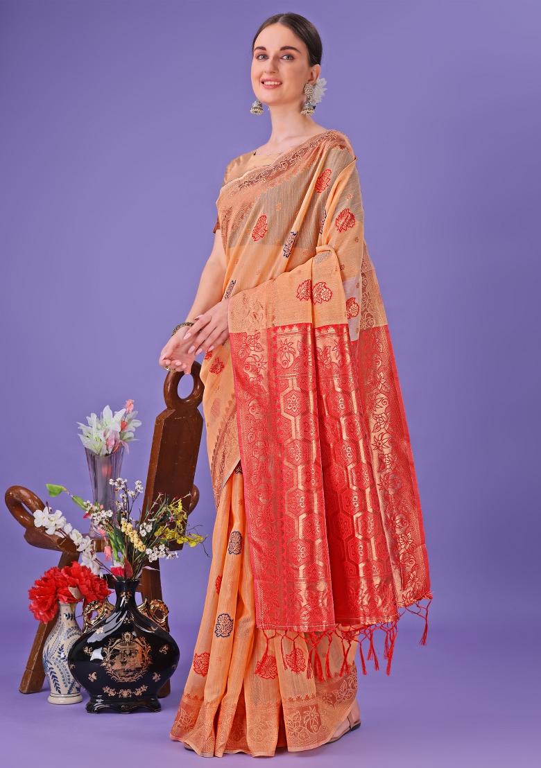 Orange Embroidered Linen Cotton Saree  Set