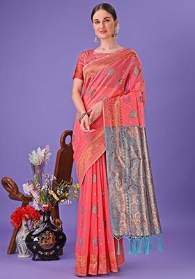 Pink Embroidered Linen Cotton Saree  Set