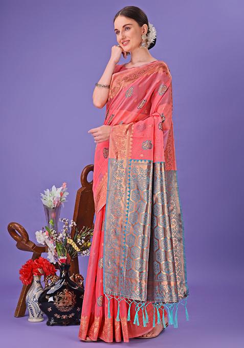 Pink Embroidered Linen Cotton Saree Set