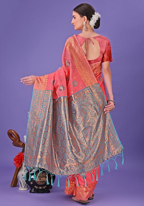 Pink Embroidered Linen Cotton Saree Set