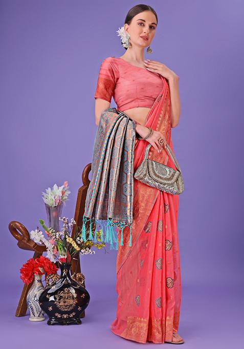 Pink Embroidered Linen Cotton Saree Set