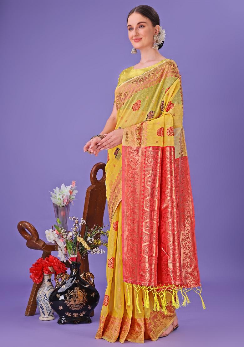 Yellow Embroidered Linen Cotton Saree  Set