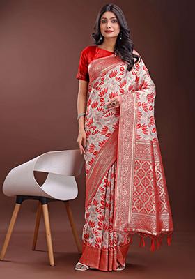 Red Embroidered Linen Cotton Saree  Set