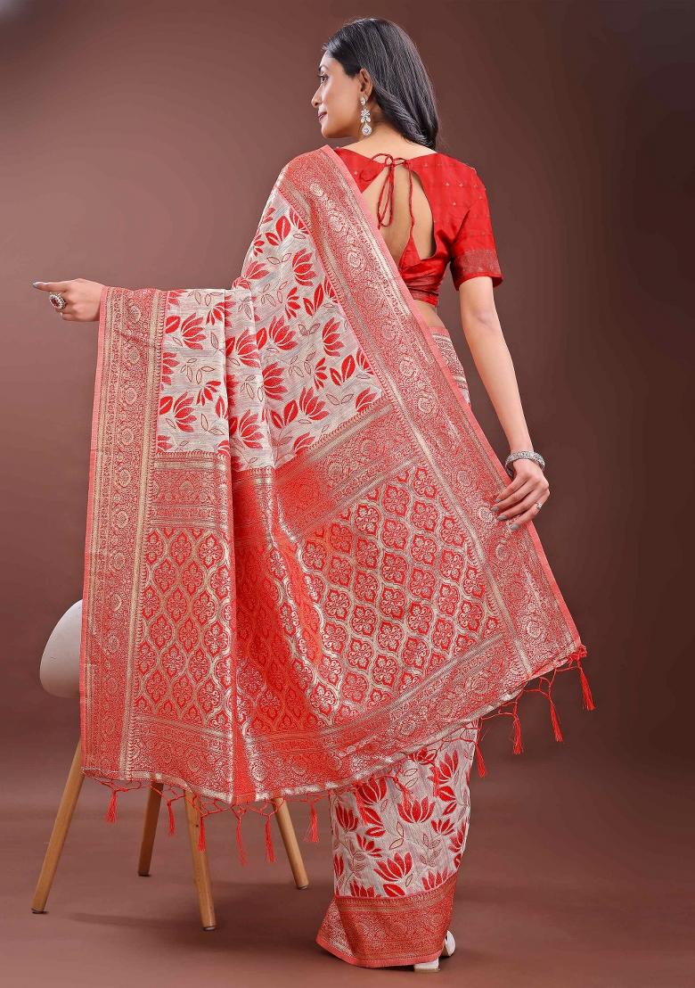 Red Embroidered Linen Cotton Saree Set
