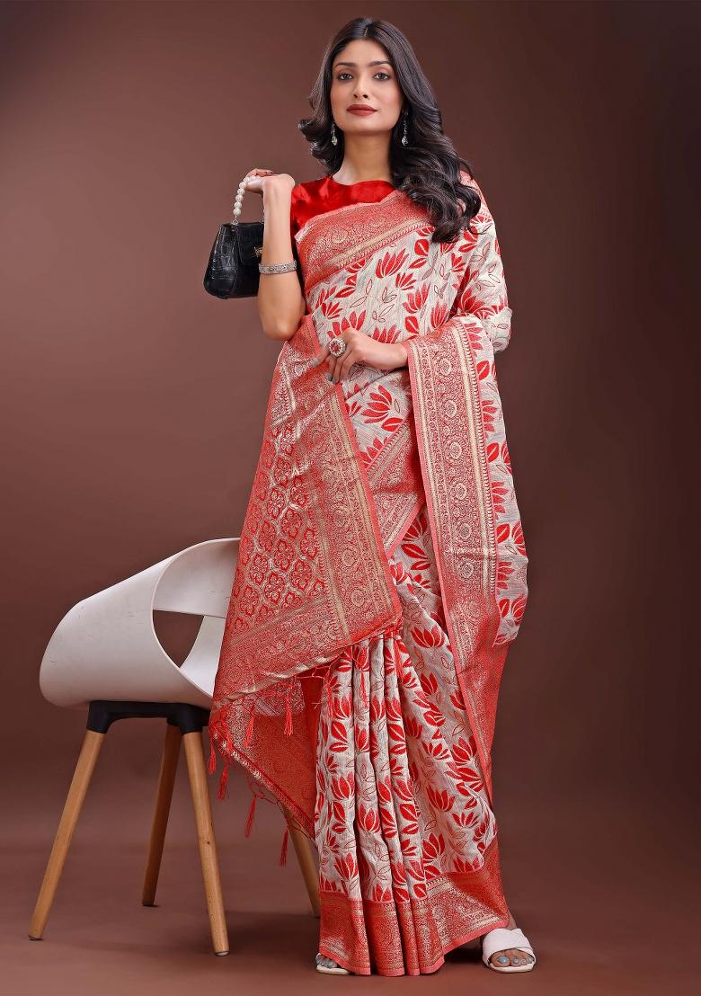 Red Embroidered Linen Cotton Saree  Set
