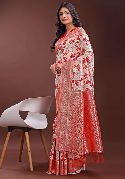 Red Embroidered Linen Cotton Saree Set