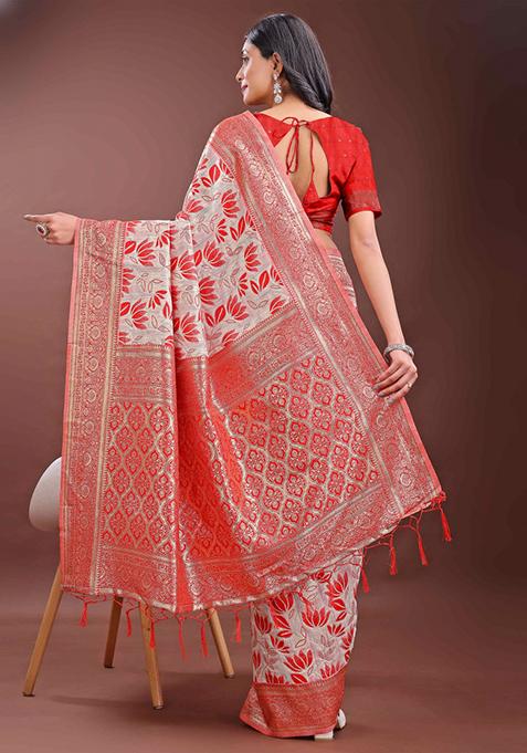Red Embroidered Linen Cotton Saree Set