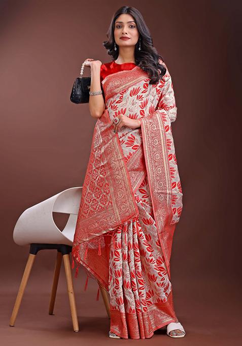 Red Embroidered Linen Cotton Saree Set