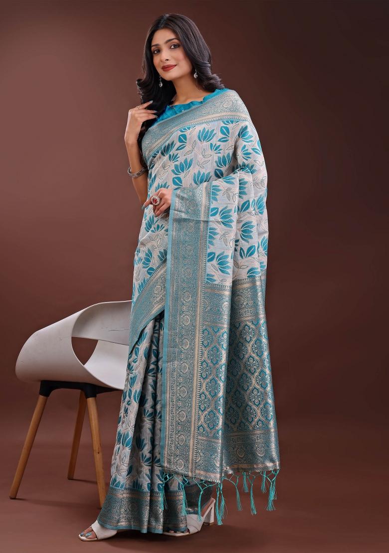 Sea Green Embroidered Linen Cotton Saree  Set