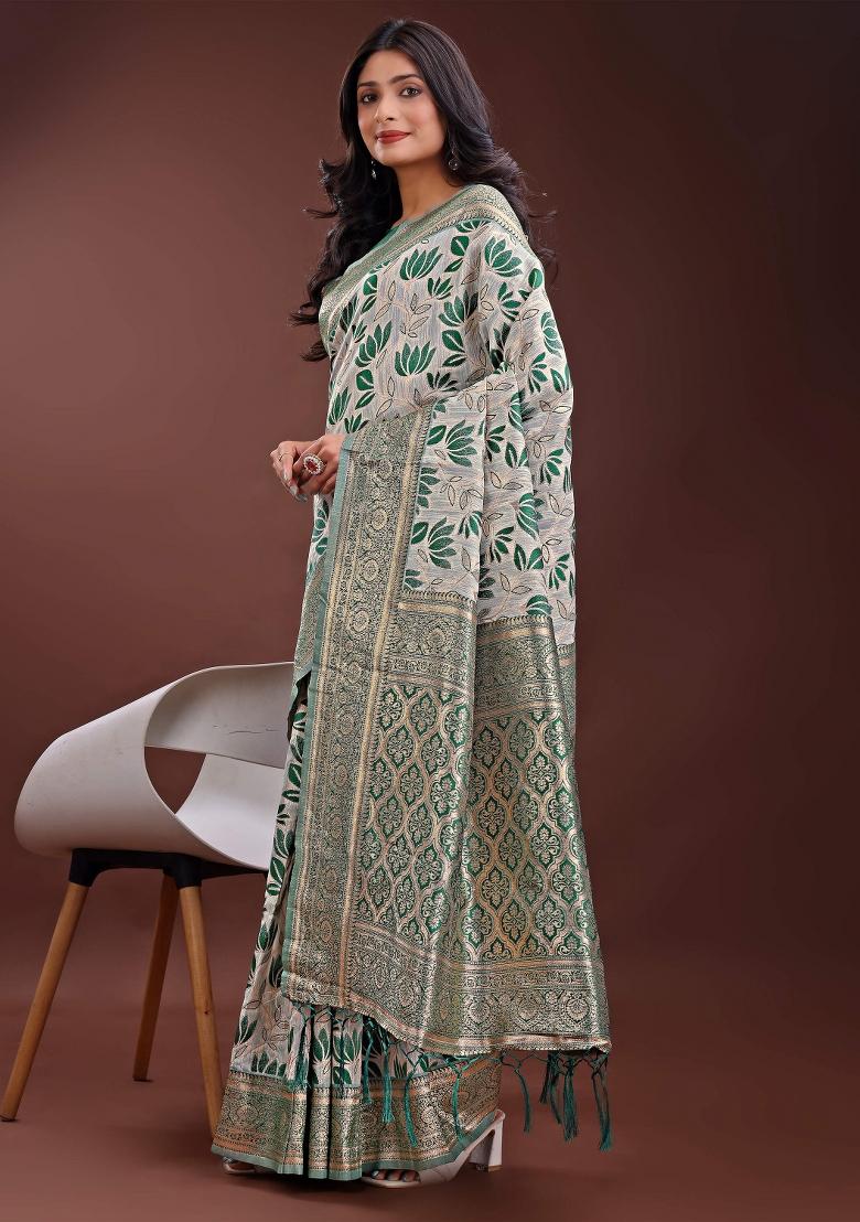 Green Embroidered Linen Cotton Saree  Set