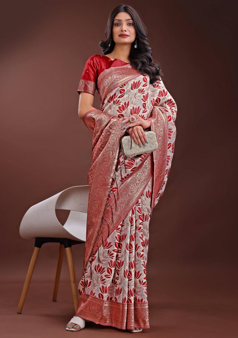 Maroon Embroidered Linen Cotton Saree  Set