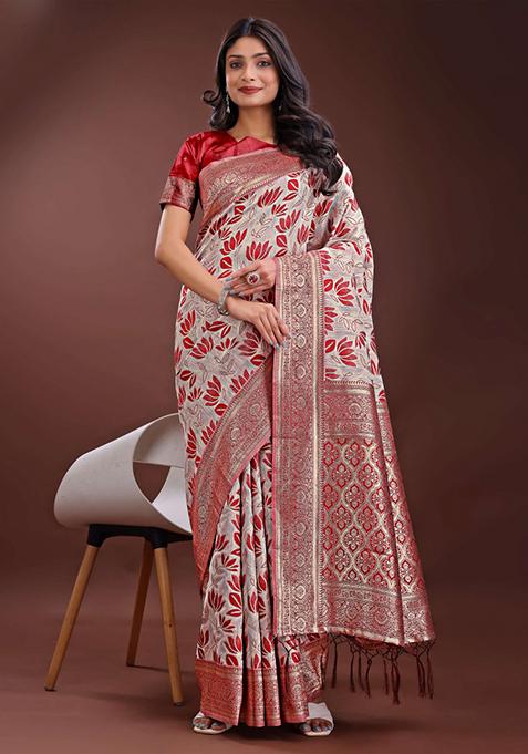 Maroon Embroidered Linen Cotton Saree  Set