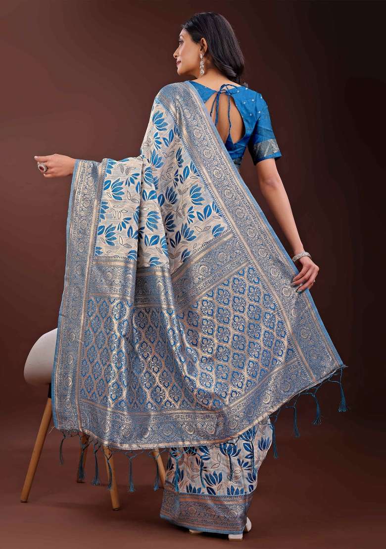 Sky Blue Embroidered Linen Cotton Saree  Set - Indya