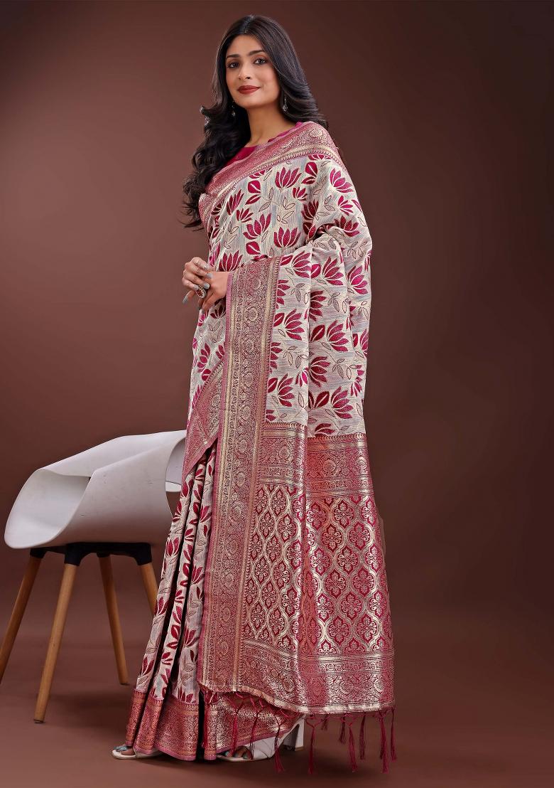 Purple Embroidered Linen Cotton Saree  Set