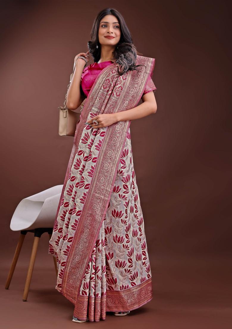 Purple Embroidered Linen Cotton Saree  Set