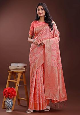 Peach Embroidered Cotton Saree  Set
