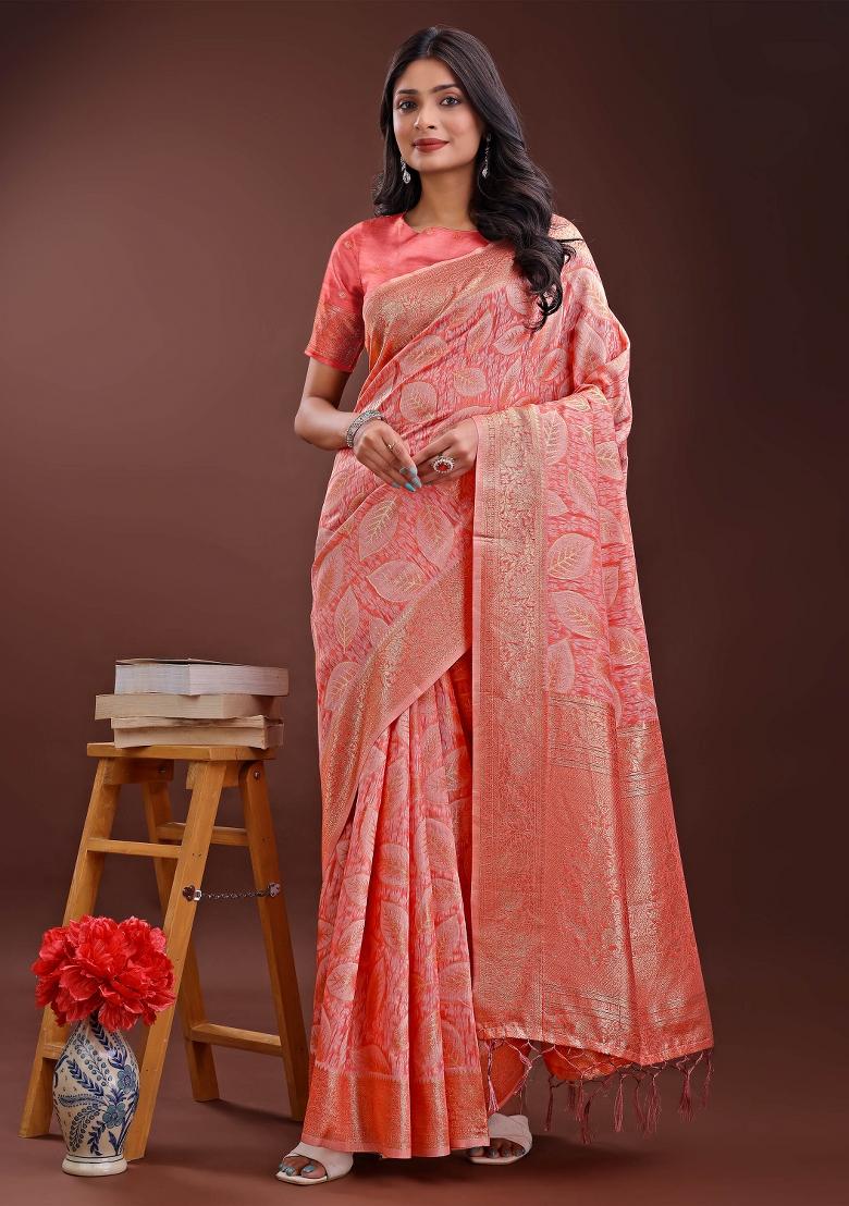Peach Embroidered Cotton Saree  Set