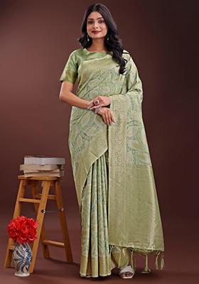 Light Green Embroidered Cotton Saree  Set