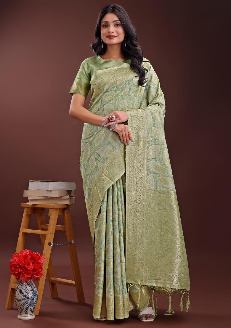 Light Green Embroidered Cotton Saree Set