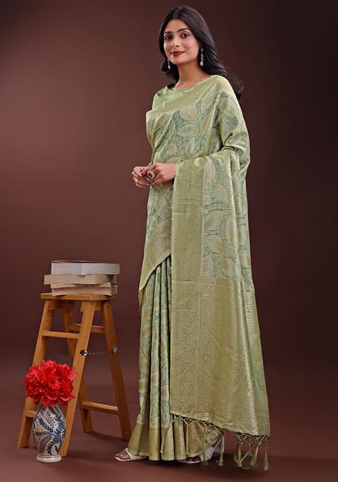 Light Green Embroidered Cotton Saree Set